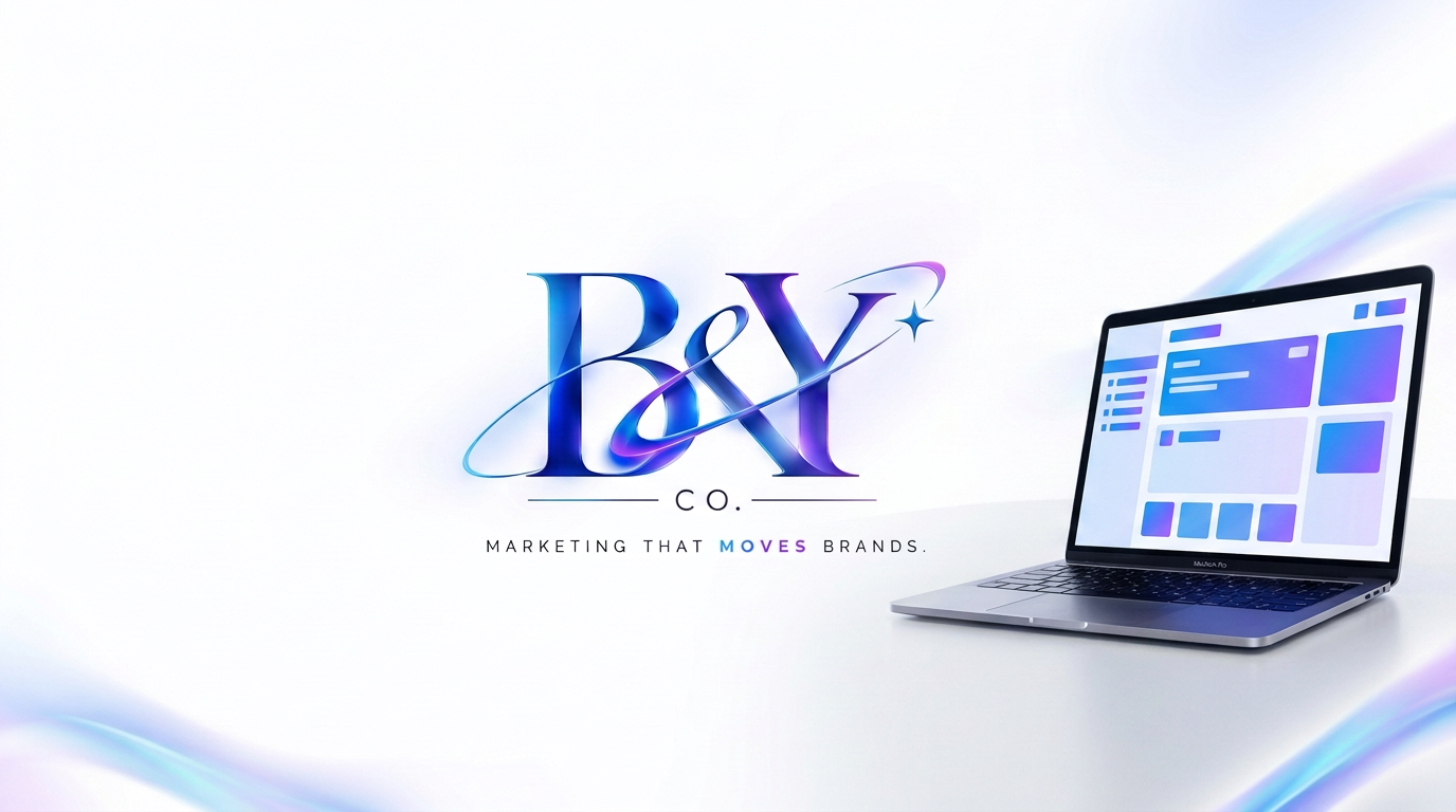 B&Y CO logo alongside a laptop displaying a creative digital interface