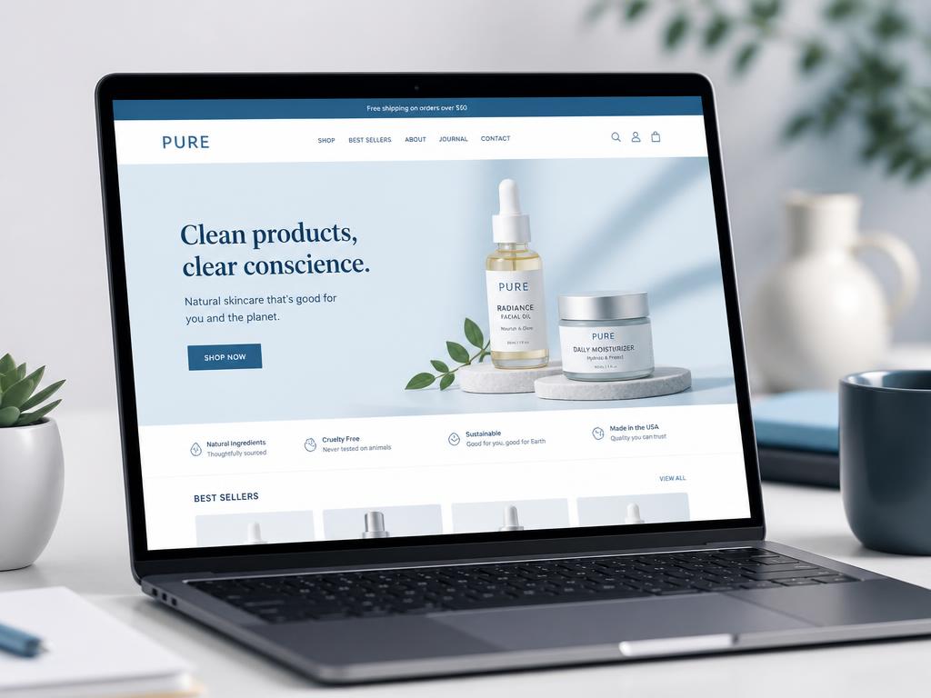 Demo project: redesigned skincare e-commerce storefront shown on a laptop